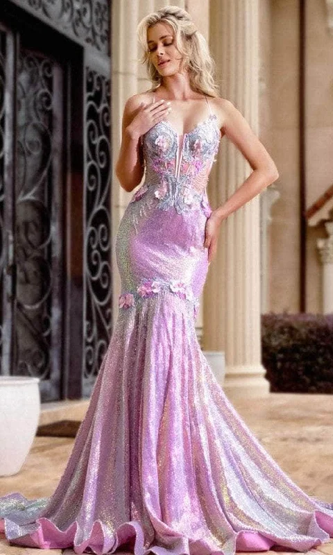 prom dress fitting advicePortia and Scarlett PS24250 - Floral Appliqued Iridescent Prom Gown