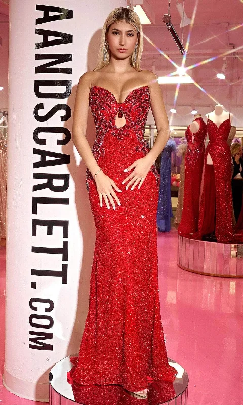 prom dresses with sheer overlaysPortia and Scarlett PS24878C - Sequined Sweetheart Fitted Prom Dress