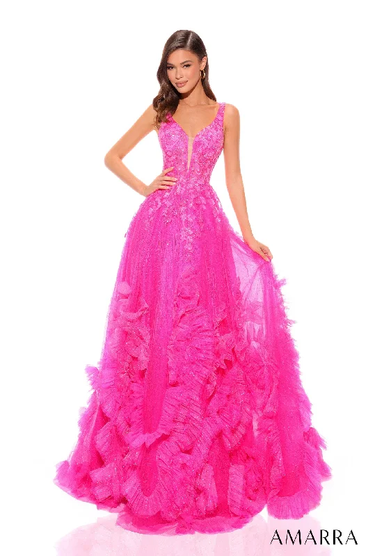 Formal Dress for Awards CeremoniesFloral Applique V-Neck Ruffled Tulle Ball Gown by Amarra 88880