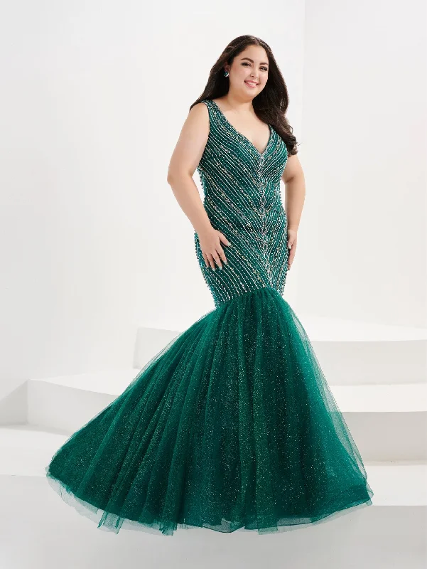 Formal Dress for Evening WeddingsPlus Size Beaded V-Neck Mermaid Gown by Tiffany Designs 16045