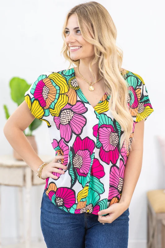 women's tops for those who seek both style and comfortWhite Multicolor Flower Print Woven Top