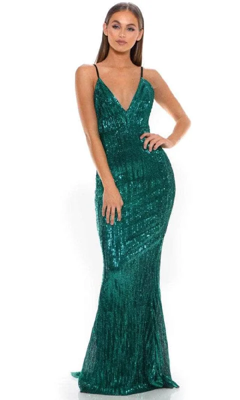 prom dress shopping tipsPortia and Scarlett GLISTEN - Plunging Back Sheath Prom Dress