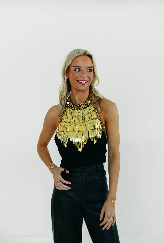 women's tops for those who want to wear versatile pieces that can be dressed up or downGold Everything Top - Black/Gold