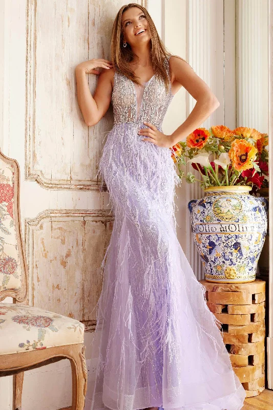 ready-to-wear prom dressesJovani 08144 - Feathered Trumpet Prom Dress