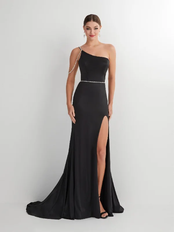 Formal Dress for Hotel GalasBeaded Jersey One Shoulder Slit Gown by Studio 17 12887