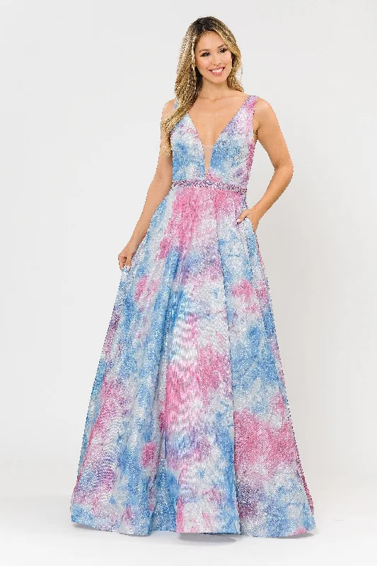 Formal Dress Shopping GuidesLong A-line Glitter Tie Dye Formal Dress by Poly USA 8346