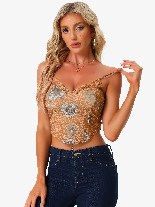 women's tops for those who love to dress up their casual looks with stylish topsRetro Floral Print Mesh Lace Sleeveless Crop Cami Top