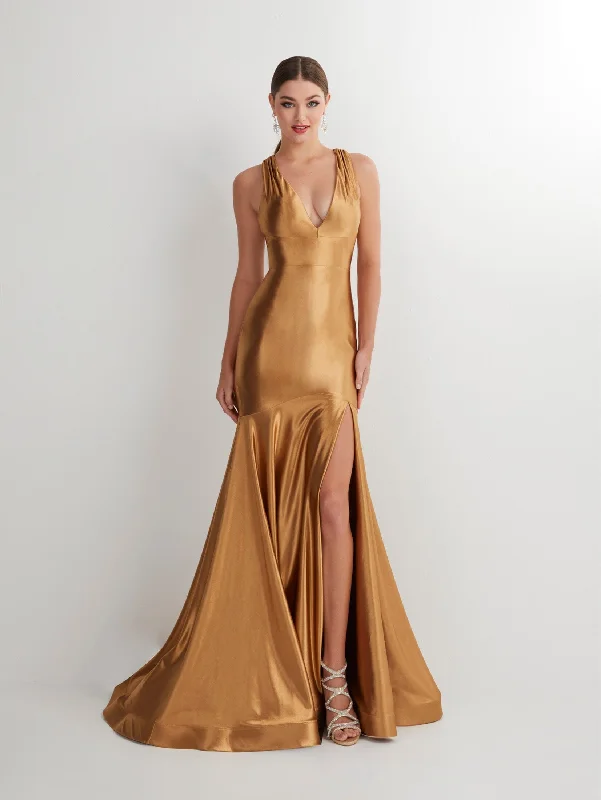 Formal Dress for Eco-Conscious EventsFitted Satin V-Neck Slit Gown by Studio 17 12890