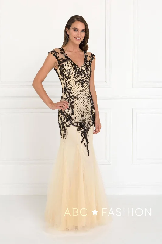 Formal Dress for Summer WeddingsBeaded Tulle Champagne/Black Mermaid Gown by Elizabeth K GL2169