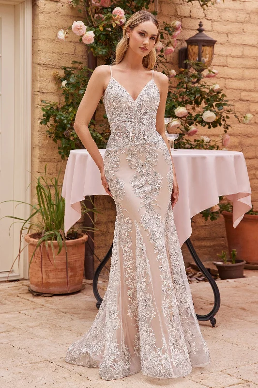 Formal Dress for Rustic ThemesGlitter Print V-Neck Mermaid Bridal Gown by Ladivine J859W