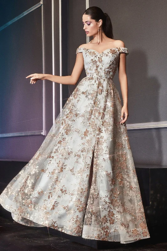 Formal Dress for Glamorous ThemesGlitter Print Off Shoulder Gown by Cinderella Divine CB069