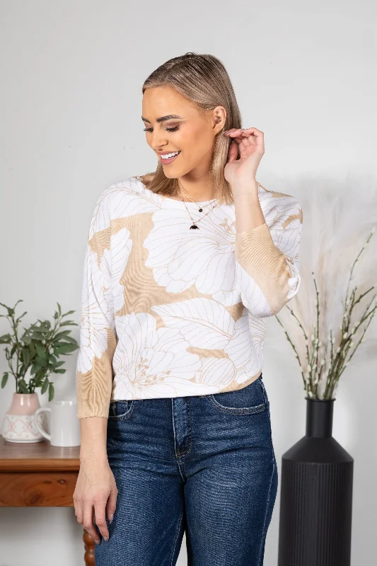 women's tops for those who want to make a bold fashion statement with their choice of topsTaupe Flower Print Boat Neck Knit Sweater Top