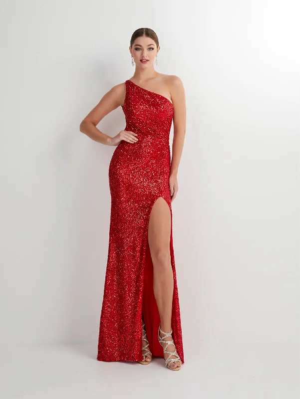 Formal Dress for Tennis TournamentsFitted Sequin One Shoulder Slit Gown by Studio 17 12889