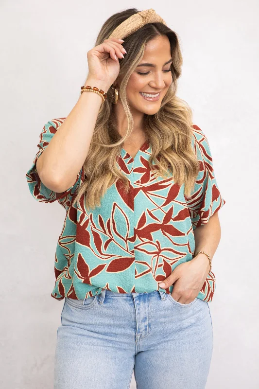 women's tops with ruffled hemsLight Teal and Rust Floral Woven Top