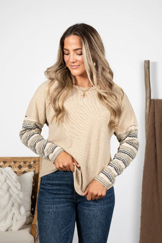 women's tops for those who love to dress up their casual looks with stylish topsTaupe Contrast Striped Sleeve Detail Knit Top