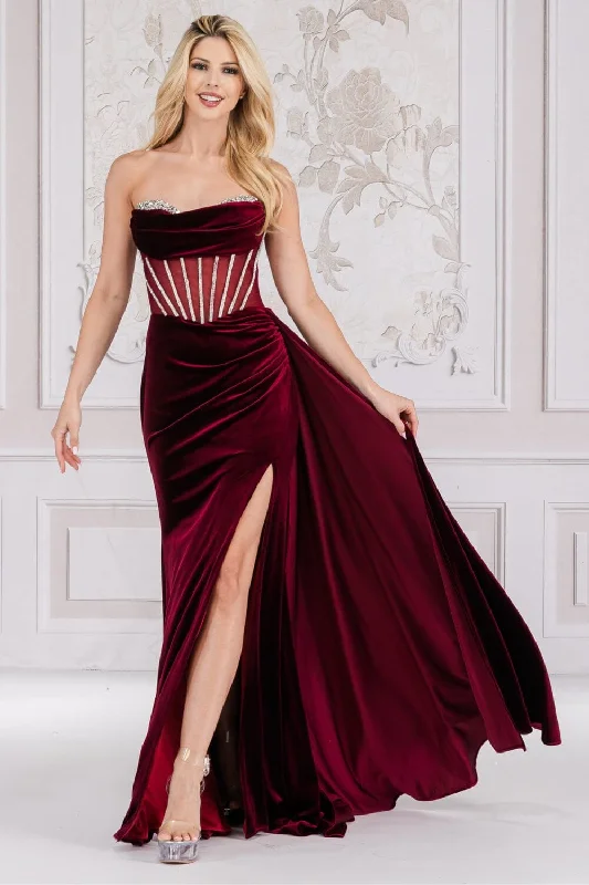 Formal Dress Rental ServicesBeaded Strapless Velvet Slit Gown by Amelia Couture 5051