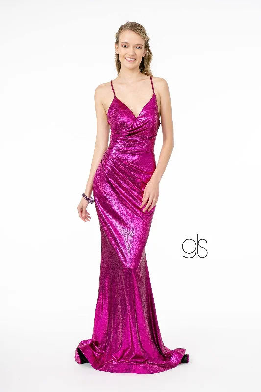 Formal Dress for Winter WeddingsV-Neck Metallic Mermaid Gown with Corset Back by Elizabeth K GL2943