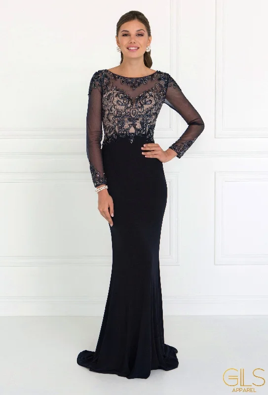 Women's Formal Dress OptionsBeaded Illusion Long Sleeve Navy Gown by Elizabeth K GL1506