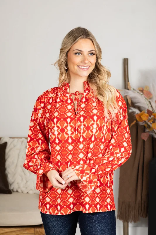 women's tops for mixing and matching with different bottomsRed and Peach Boho Print Notch Neck Top