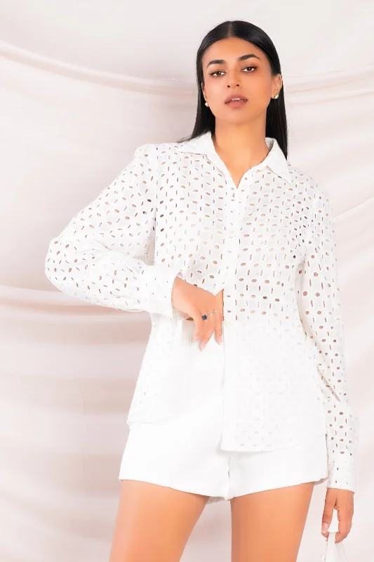 women's tops for those who love to mix and match prints and patternsWhite Eyelet Shirt