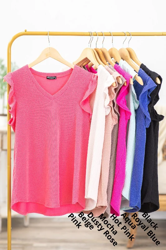 women's tops for those who want to stay cool and chic during warmer weatherRuffle Short Sleeve Ribbed Knit Top