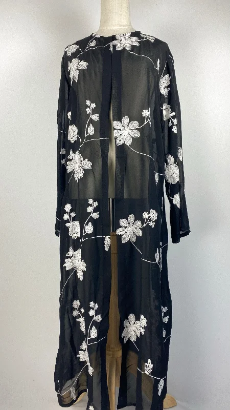 women's tops for those who want to invest in timeless piecesBlack Sheer Open Shirt/Cardigan with White Embroidered Flowers