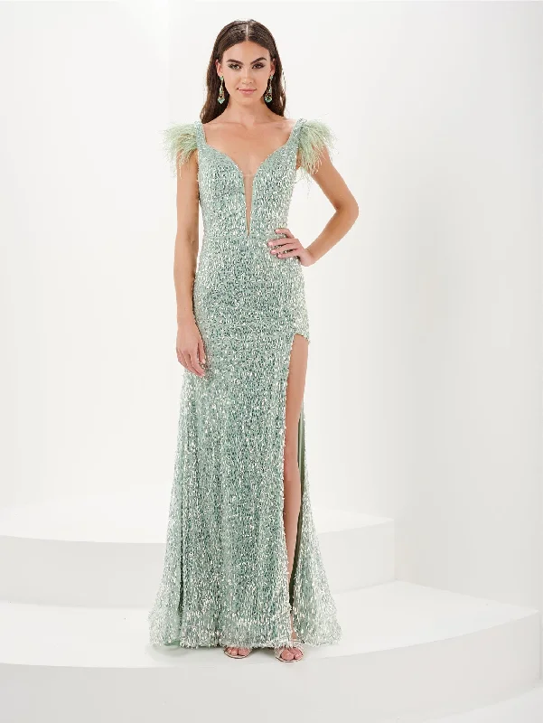 Formal Dress for Black-Tie Optional EventsFitted Sequin Feather Slit Gown by Tiffany Designs 16055