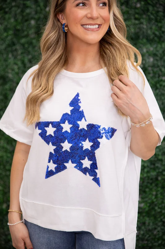 women's tops for bridal showers and baby showersWhite With Blue Sequin Star Knit Top