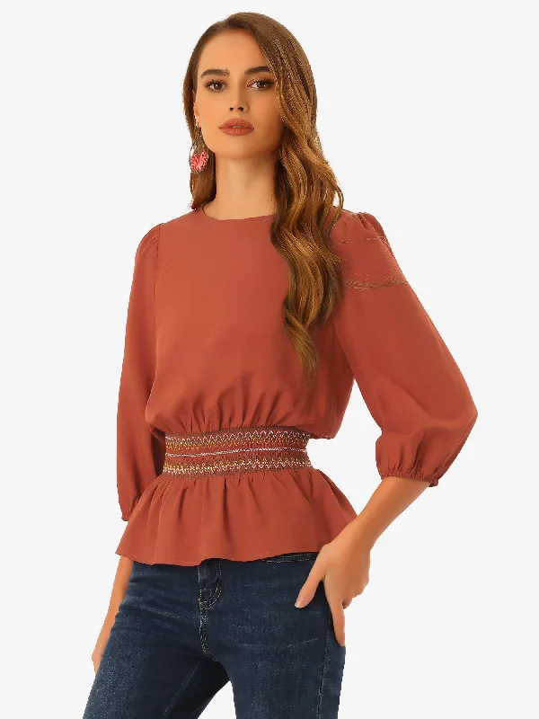 women's tops for those who want to invest in timeless piecesPeplum Top 3/4 Sleeve Smocked Waist Blouse