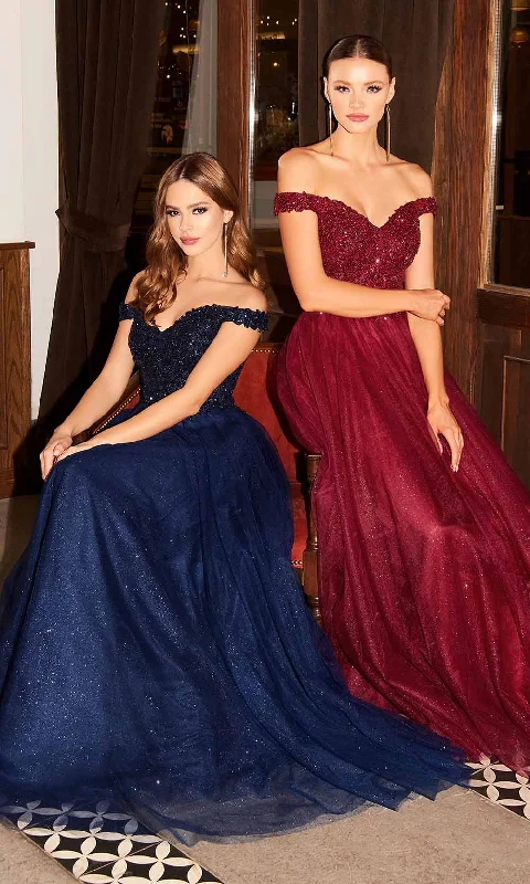 illusion neckline prom dressesCinderella Divine - Lace Off Shoulder Prom Gown CD0177 - 1 pc Burgundy In Size L Available