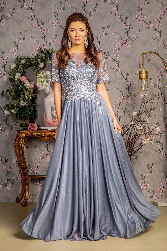 Formal Dress for Beauty ContestsMetallic Applique Short Sleeve A-line Gown by GLS Gloria GL3444