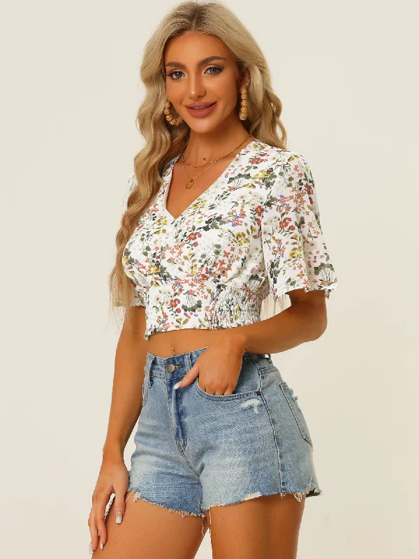 women's tops for those who want to add a pop of color to their outfitsFloral Flare Short Sleeve V Neck Summer Smocked Crop Top