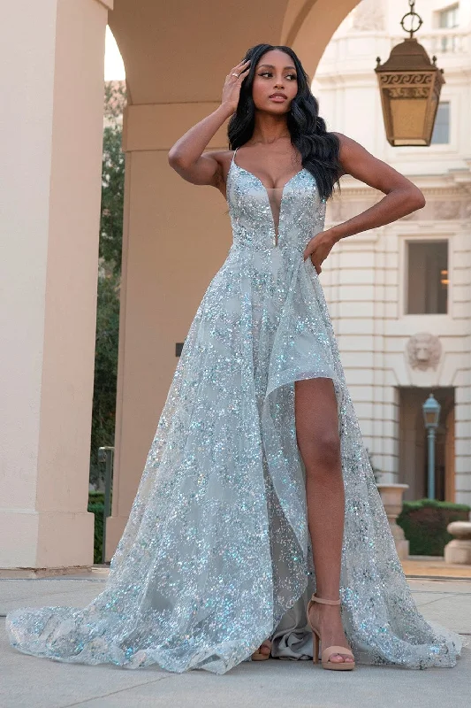 Formal Dress for Glamorous ThemesGlitter Print Sleeveless Slit Gown by Amelia Couture BZ017