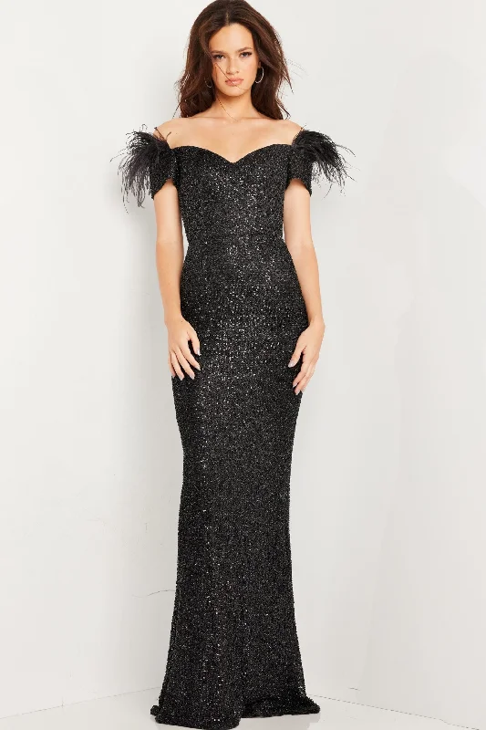 Formal Dress for Charity BallsSequin Feather Fitted Short Sleeve Gown by Jovani 37562