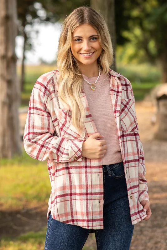 women's tops for those who want to add a touch of elegance and sophistication to their everyday wearBlush and Taupe Plaid Button Up Top