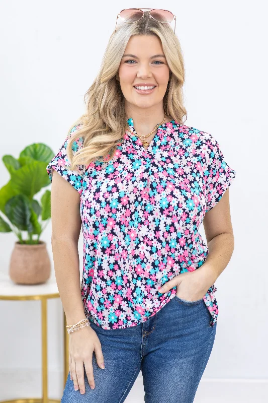 women's tops for casual FridaysNavy Floral Wrinkle Free Lizzy Top