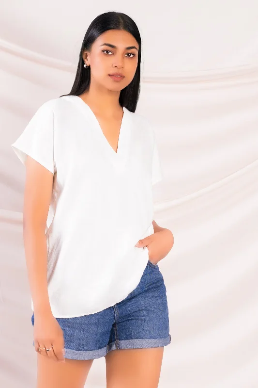 women's tops for those who want to create stylish and put-together outfits without spending a fortuneWhite V Neck Linen Top