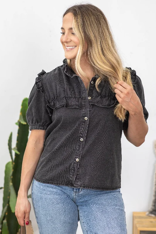 women's tops for those who want to wear pieces that are both functional and fashionableBlack Washed Puff Sleeve Button Up Woven Top