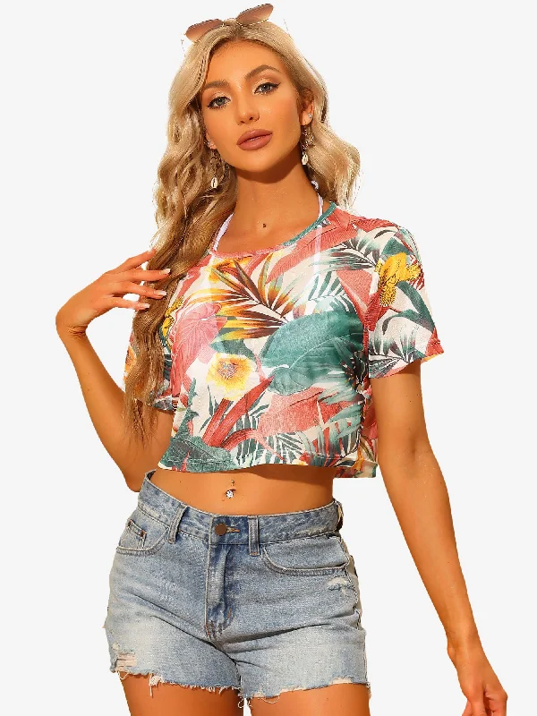 women's tops for those who value both quality and affordabilityHawaiian Sheer Short Sleeve Leaves Print Tropical Crop Top