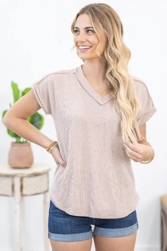 women's tops for those who want to invest in timeless piecesBeige Ribbed V-Neck Knit Top