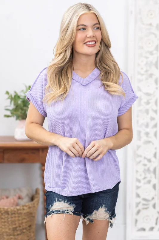 women's tops for those who want to show off their figure in a flattering wayLavender Ribbed V-Neck Knit Top