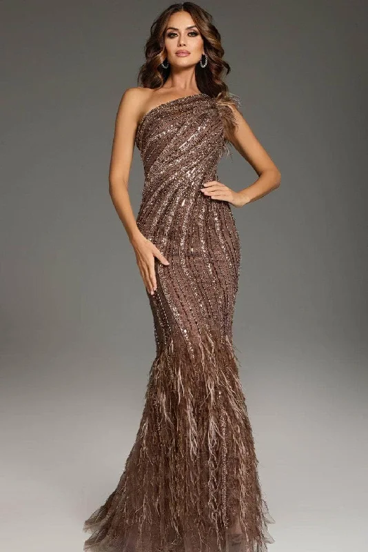 affordable prom dressesJovani 39170 - One-Shoulder Feather Detailed Prom Gown