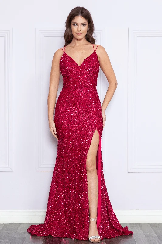 Formal Dress for EveningsFitted V-Neck Sequin Slit Gown by Poly USA 9102