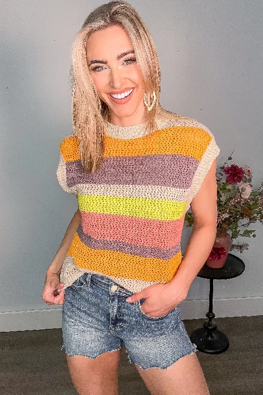 women's tops for those who want to stay warm and stylish during colder weatherTan Crochet Multi Stripe Knit Sweater Top