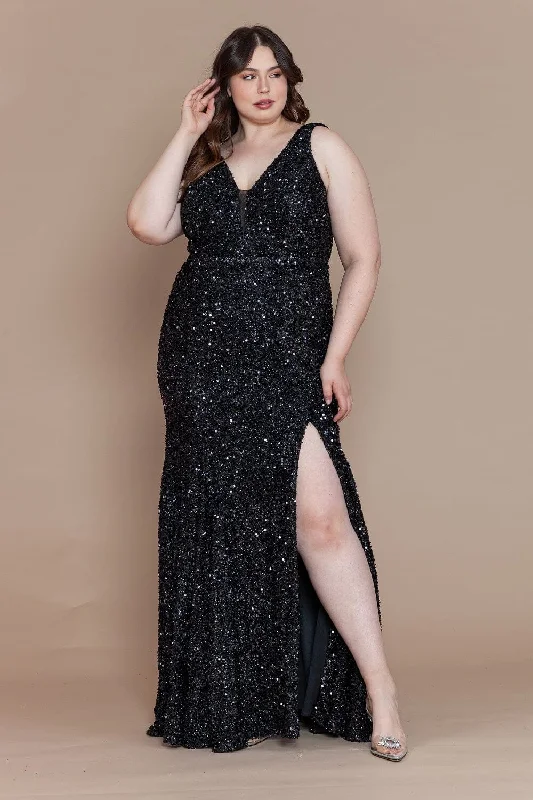 Formal Dress for Polo MatchesPlus Size Fitted Sleeveless Sequin Slit Gown by Poly USA W1122