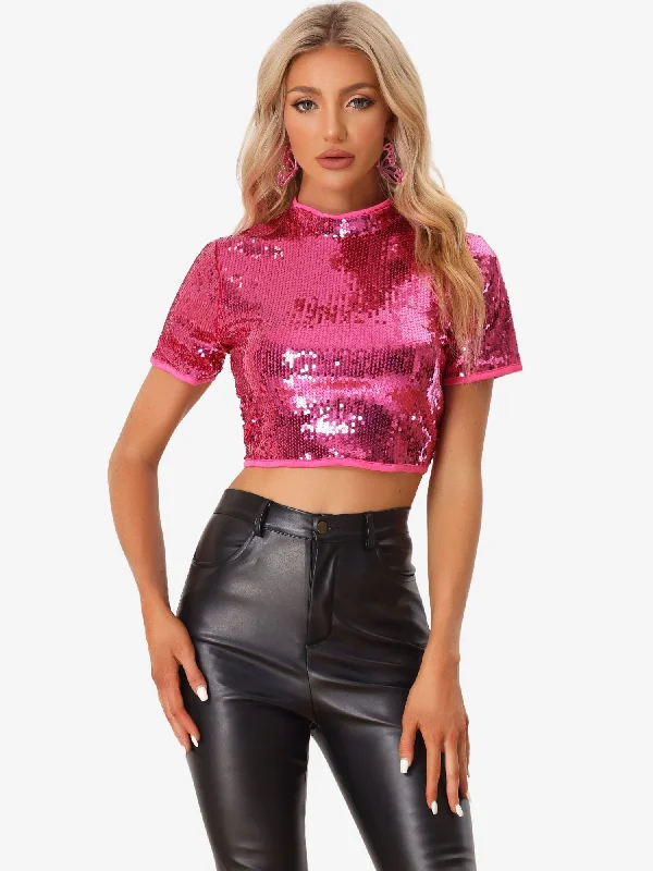 women's tops for those who want to add a touch of elegance and sophistication to their everyday wearSequin Sparkle Glitter Short Sleeve Shinning T Shirt Club Blouse