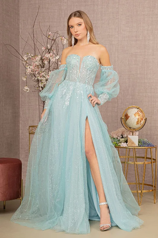 Formal Dress for PromsGlitter Puff Sleeve Slit Gown by GLS Gloria GL3118