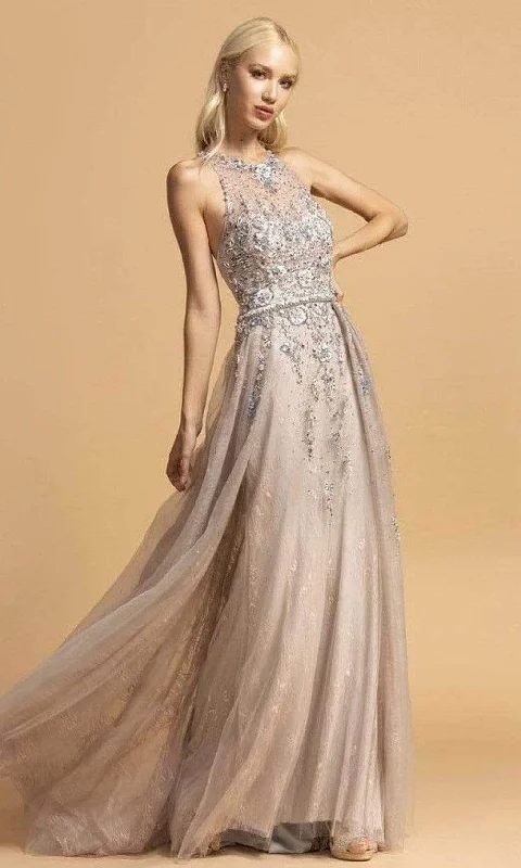 prom dresses for tall girlsAspeed Design - Halter Floral Beaded Prom Dress L2155 - 1 pc Silver - Blush In Size M Available