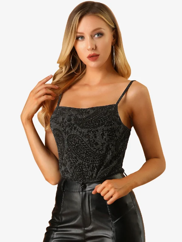 women's tops with cold-shoulder cuts and lace detailingSexy Stretchy Spaghetti Strappy Flocking Casual Knitted Cami Top