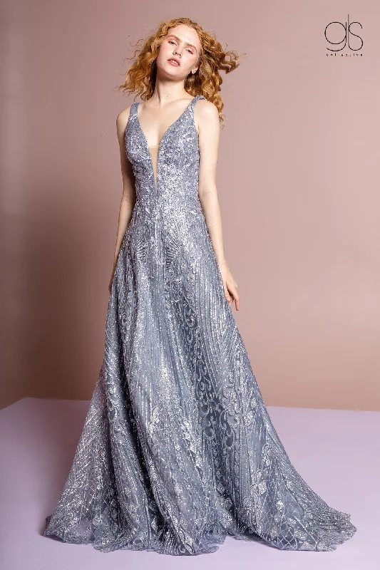 Formal Dress for Formal DinnersGlitter Print Gown with Illusion V-Neckline by GLS Gloria GL2698